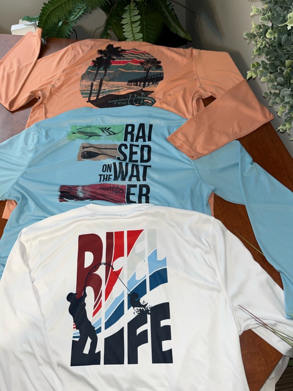 ALL 3 Reel Life Long Sleeve Fish Boat Beach Tees Peach, White & Light Blue Men
